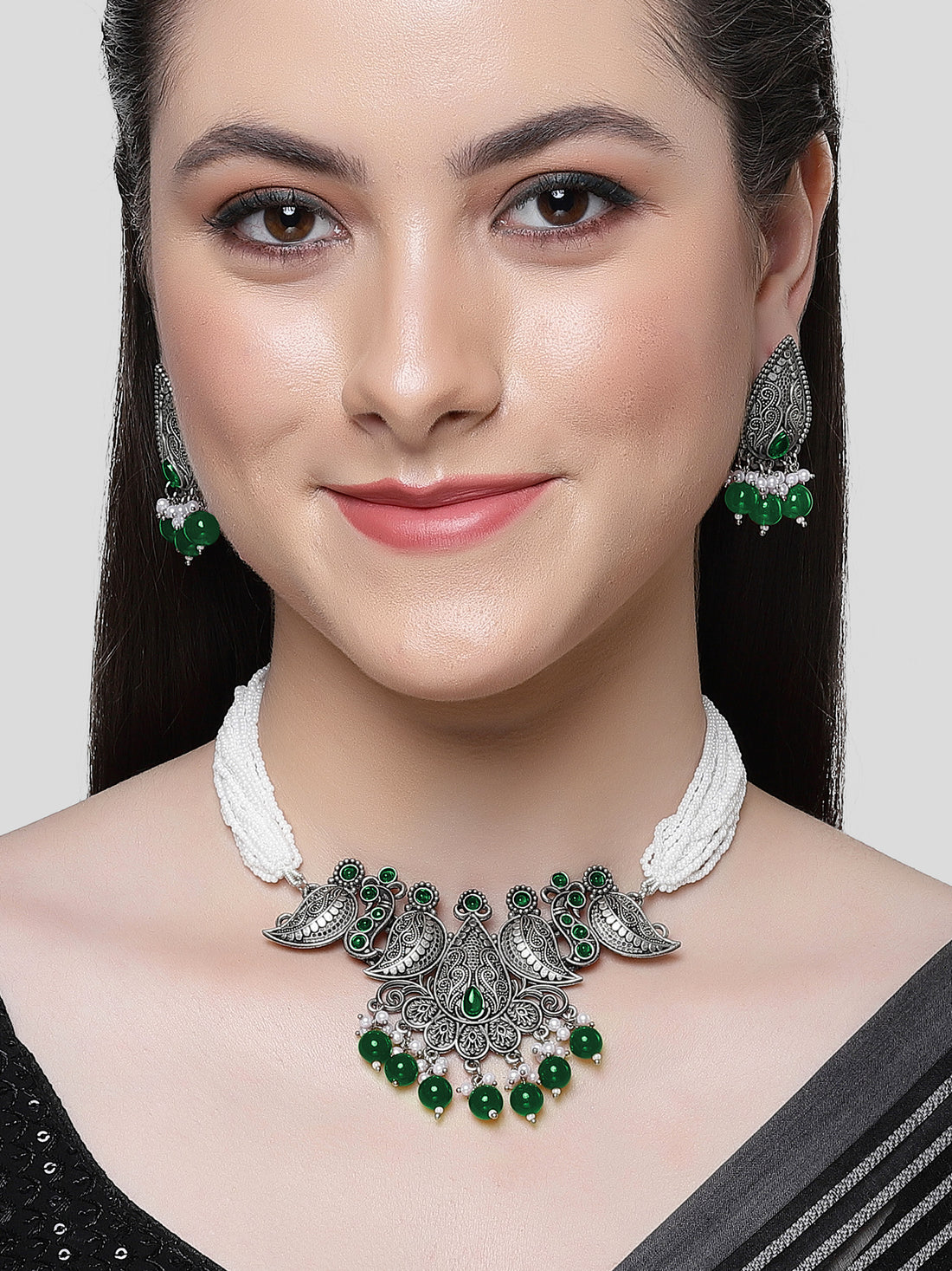 Karatcart Green Beads Oxidised Silver Jaipuri Choker Necklace Set for Women