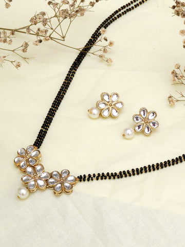 Karatcart Gold Plated Handcrafted Pearl Floral Kundan Mangalsutra with Earrings