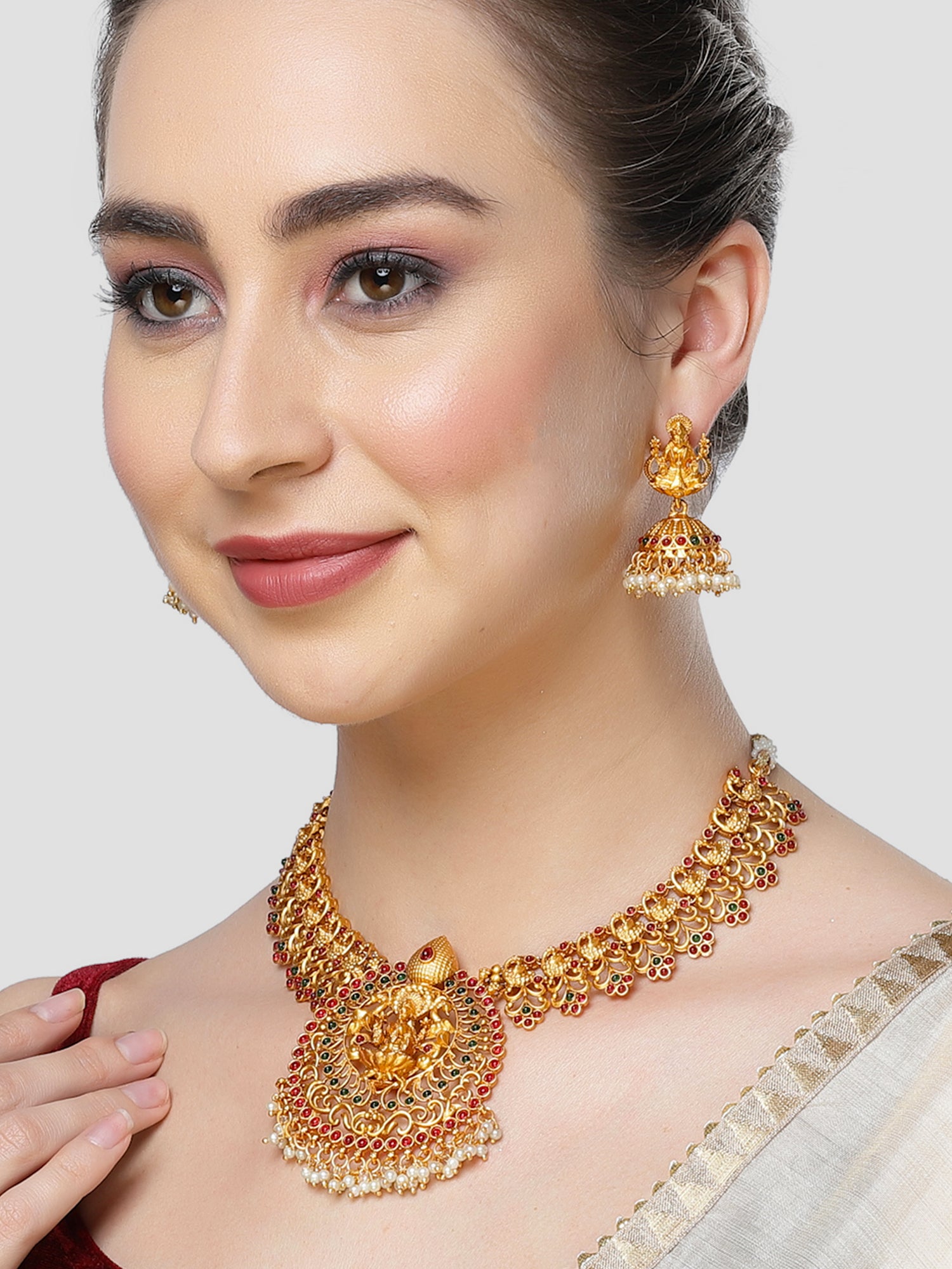 Karatcart Gold Plated Laxmi Mata and Peacock Design Temple Jewellery Set for Women - view 2