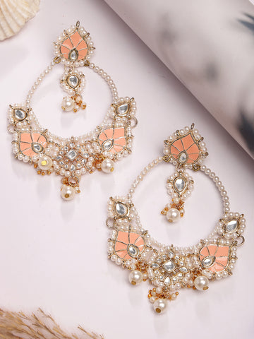 Karatcart Gold Plated Peach Enamel Kundan Dangler Earrings for Women