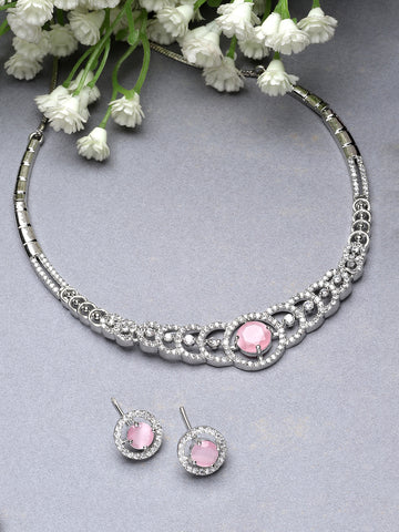 Karatcart Silver Tone Pink CZ Necklace Set