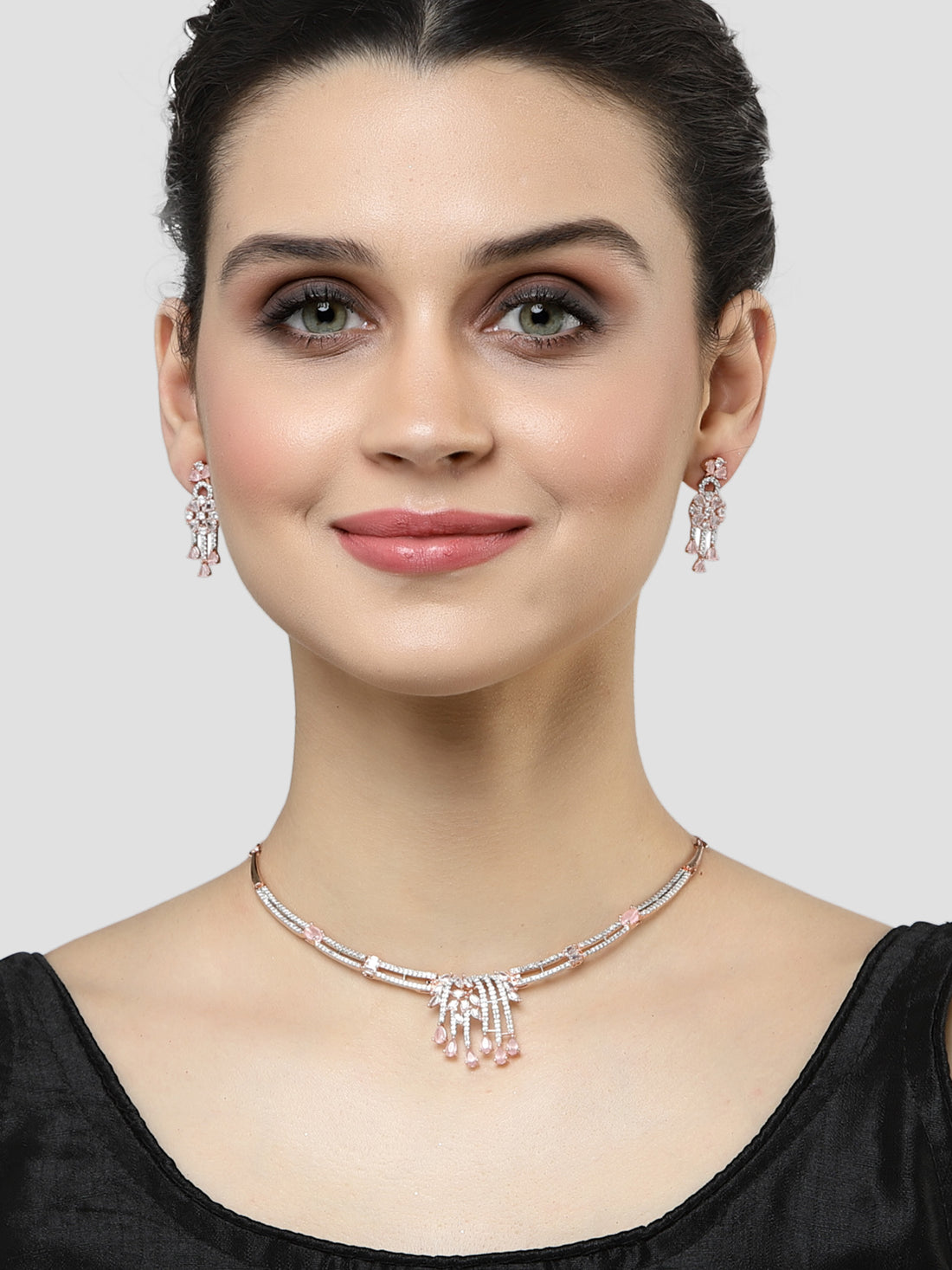 Karatcart Rose Gold Plated Pink Cubic Zirconia Studded Necklace Set