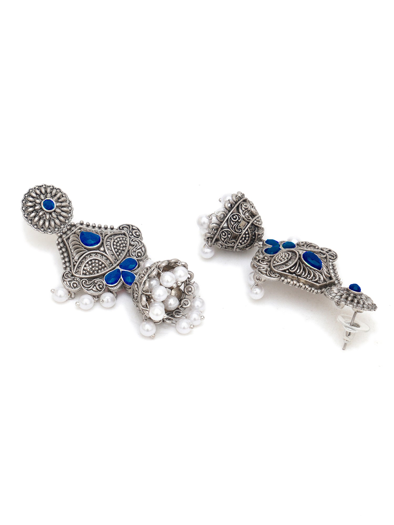 Karatcart Oxidised Silver Handcrafted Blue Long Dangler Jhumki Earrings for Women - view 4