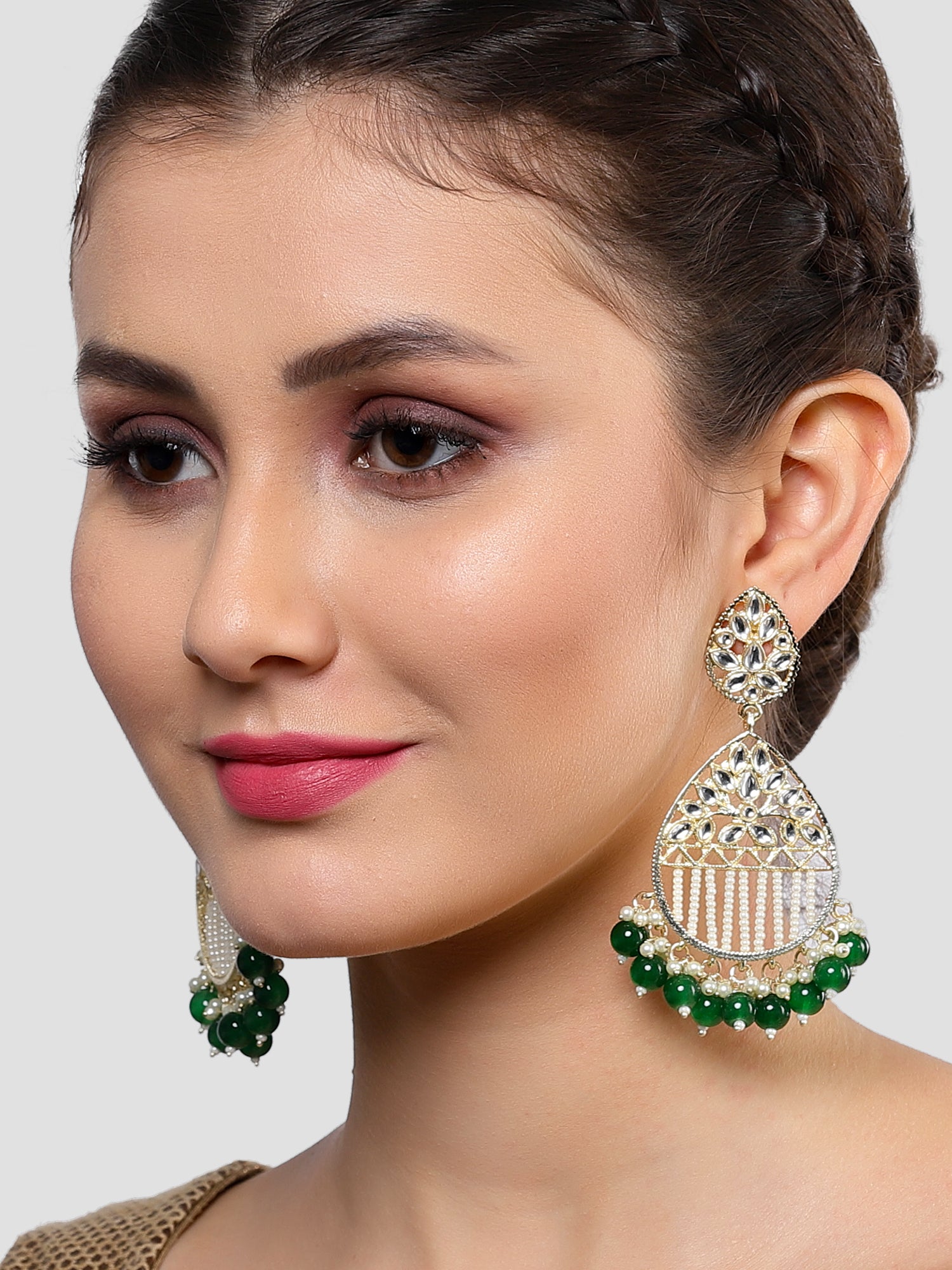 Karatcart Gold Plated Green Beads and Pearl Studded Kundan Dangler Earrings for Women - Image 1