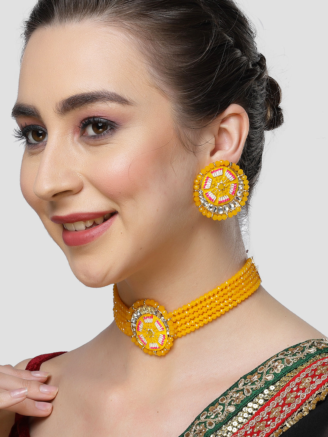 Karatcart Yellow Meena Lotus Design Crystal Choker Necklace Set for Women