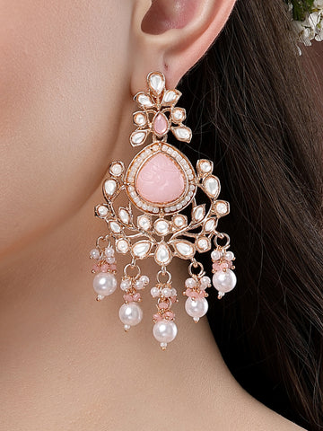 Karatcart Rose Gold Plated Pink Carved Stone Kundan Drop Earrings for Women