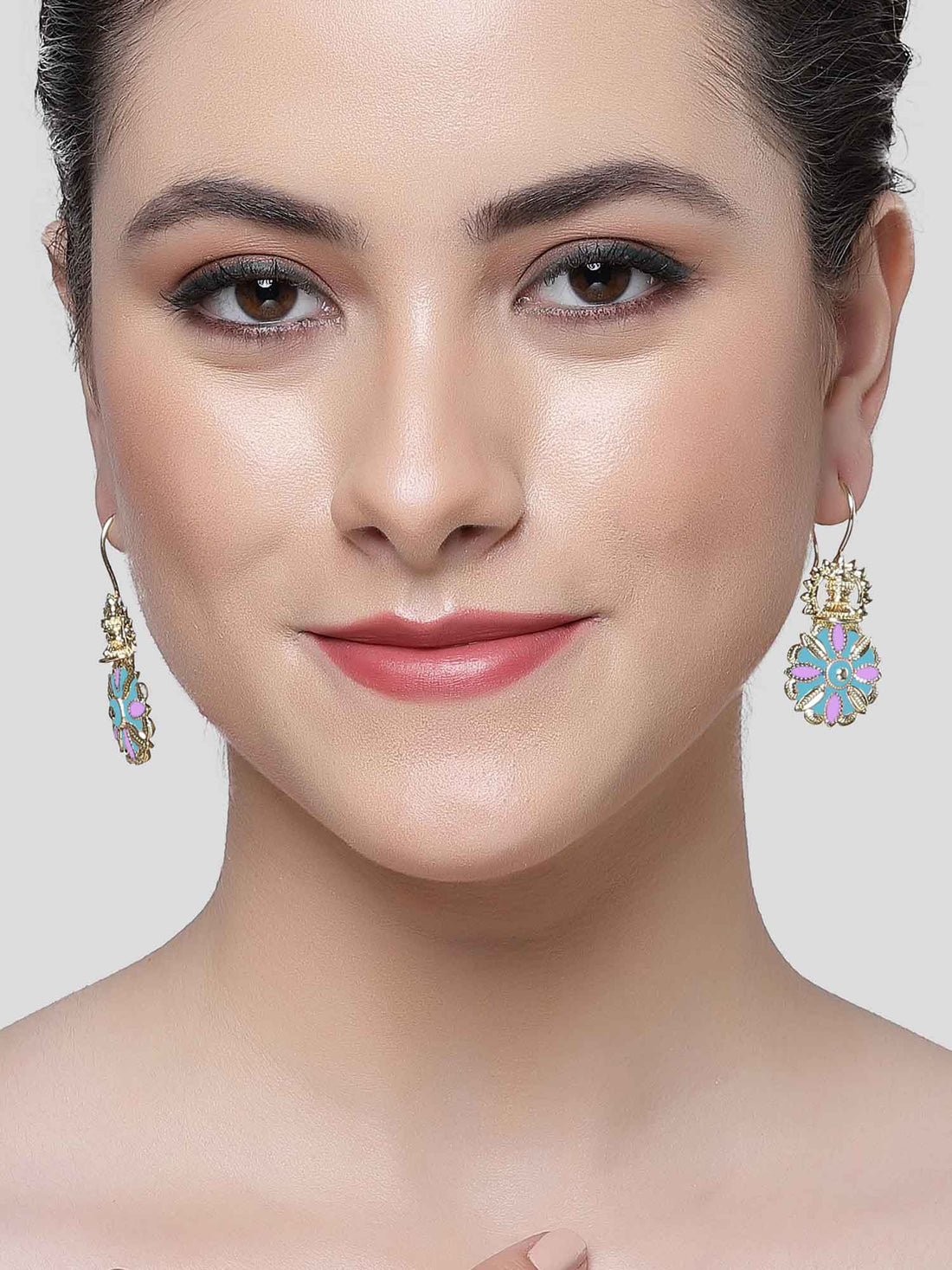 Karatcart Gold Plated Light Blue and Pink Meena Floral Drop Earring for Women