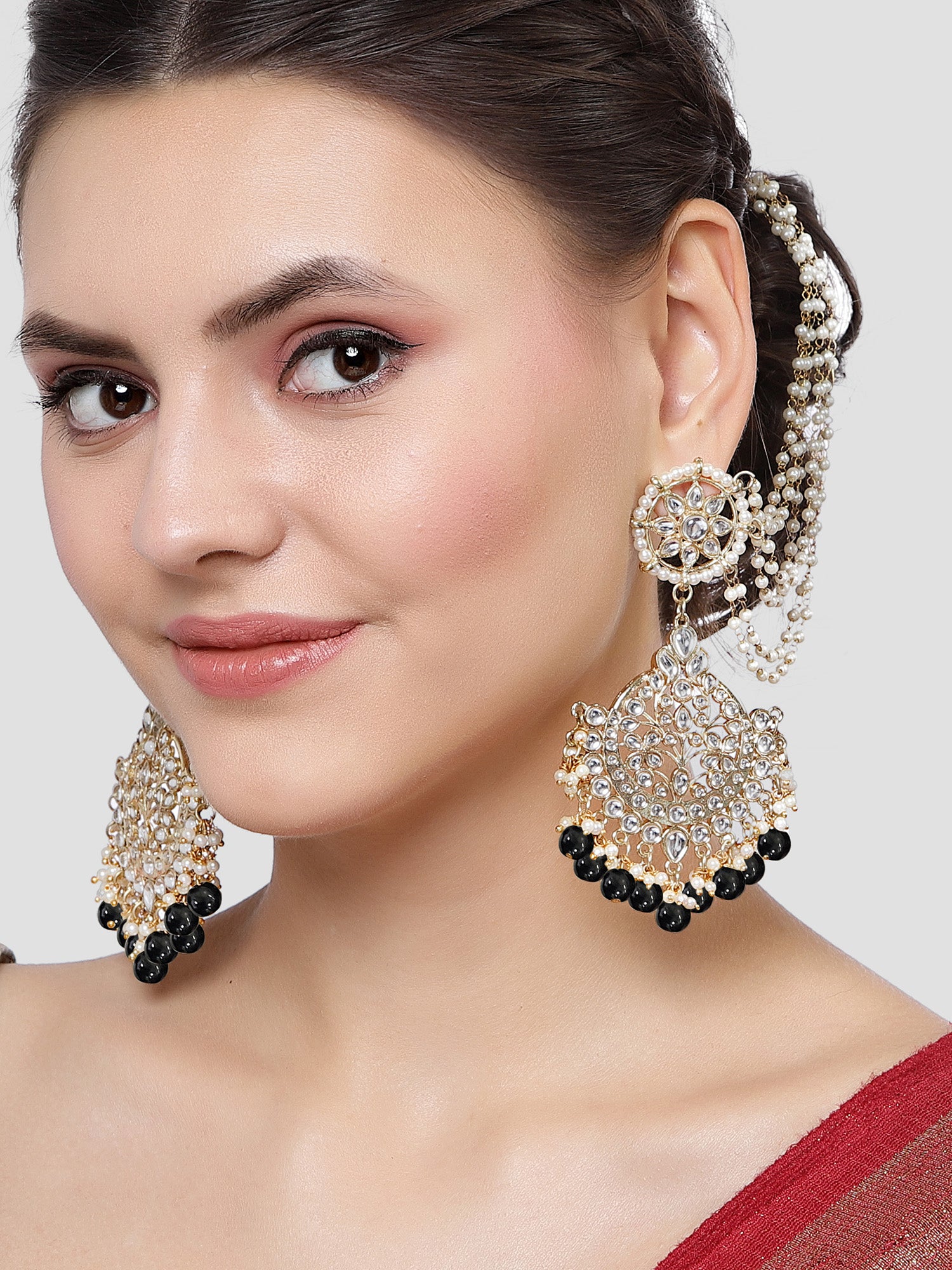 Karatcart Gold Plated Black Beads Kundan Kaanchain Earrings for Women - Image 1