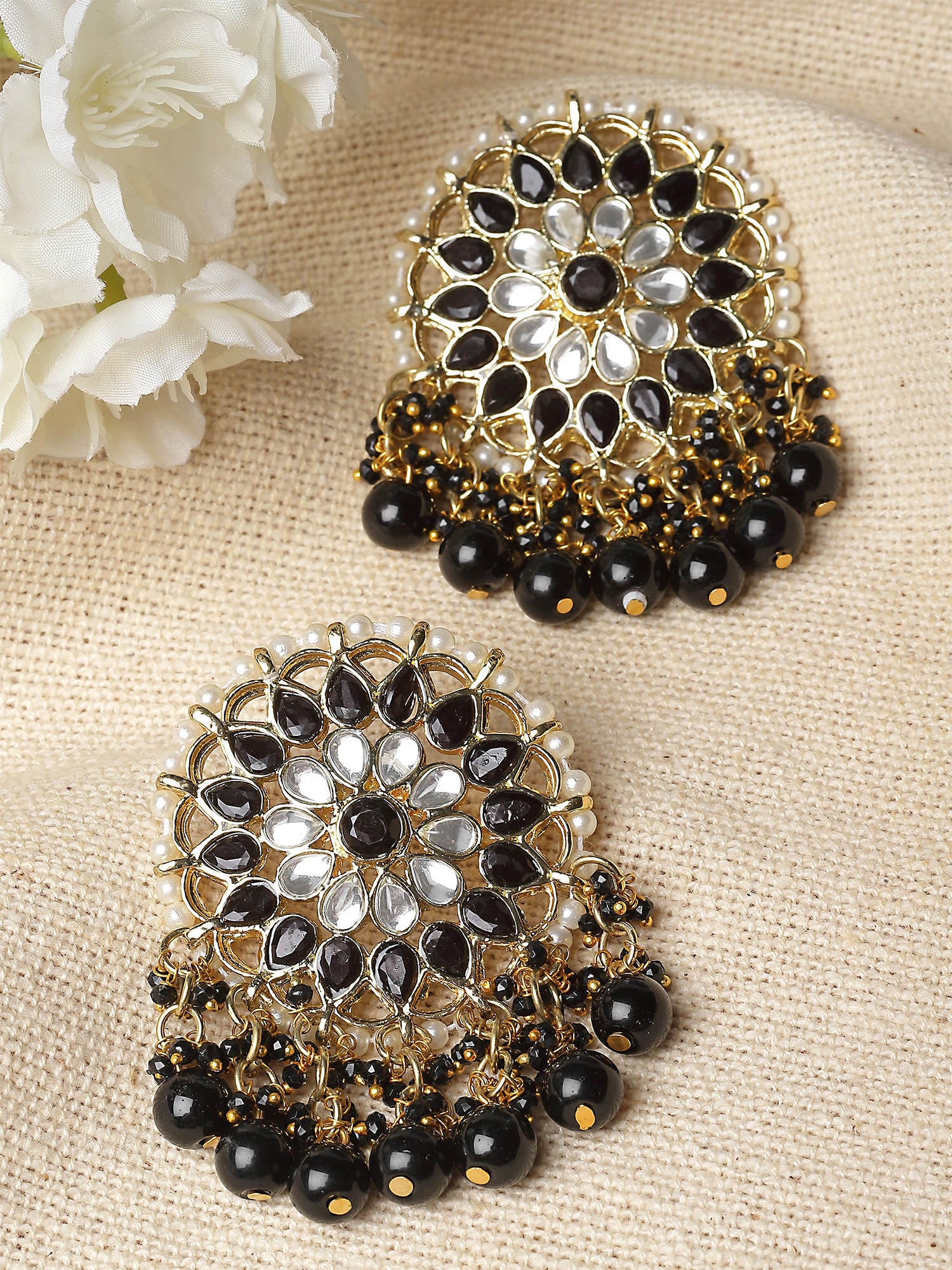 Karatcart Gold Plated Black Beads Kundan Dangler Earrings for Women - view 3