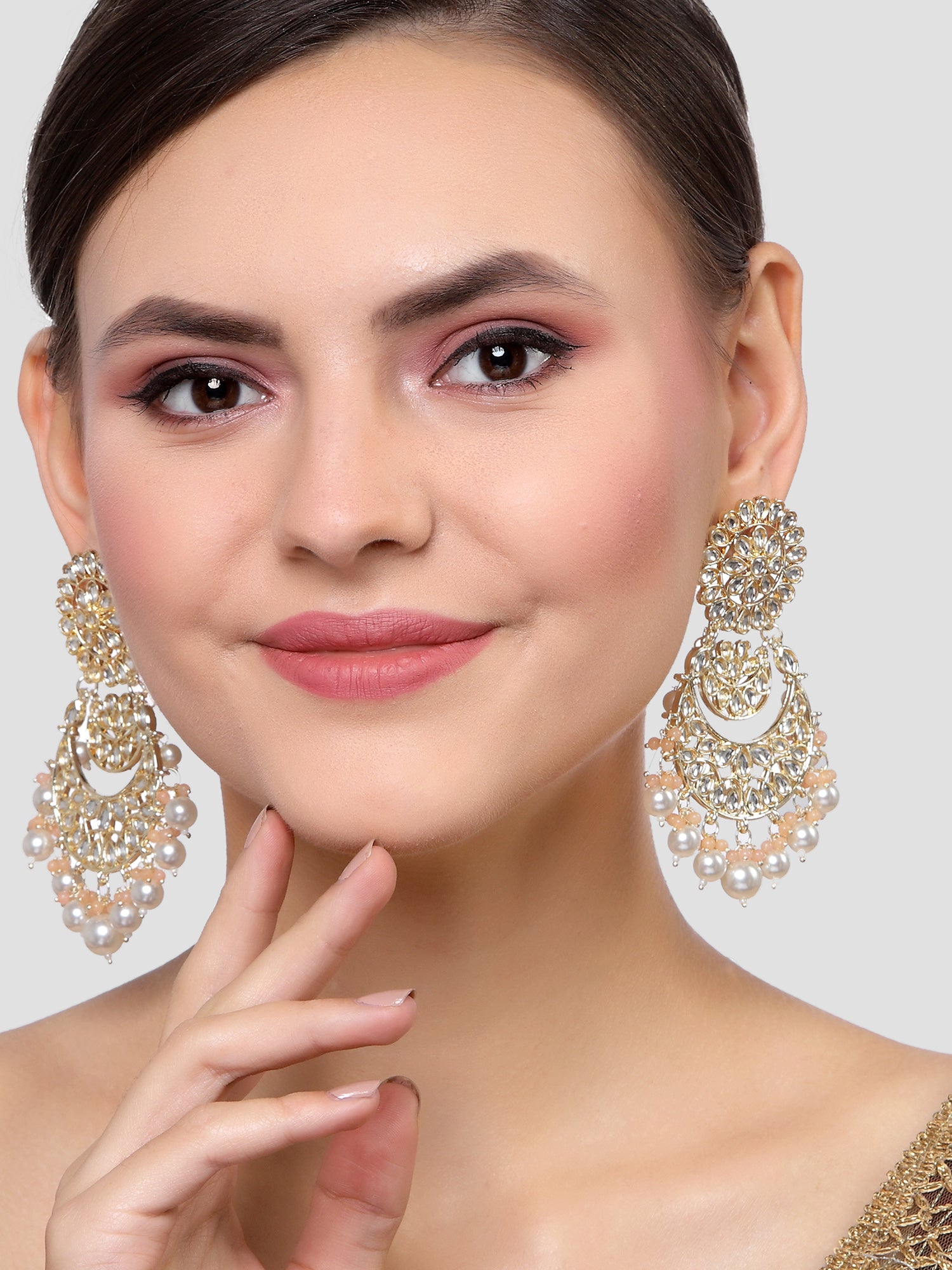 Karatcart Gold Plated Peach and Pearl Beads Studded Kundan Dangler Earrings for Women - view 2