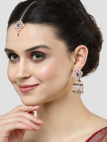 Karatcart Rose Gold Plated Blue and White CZ Studded Earrings with Maangtikka for Women