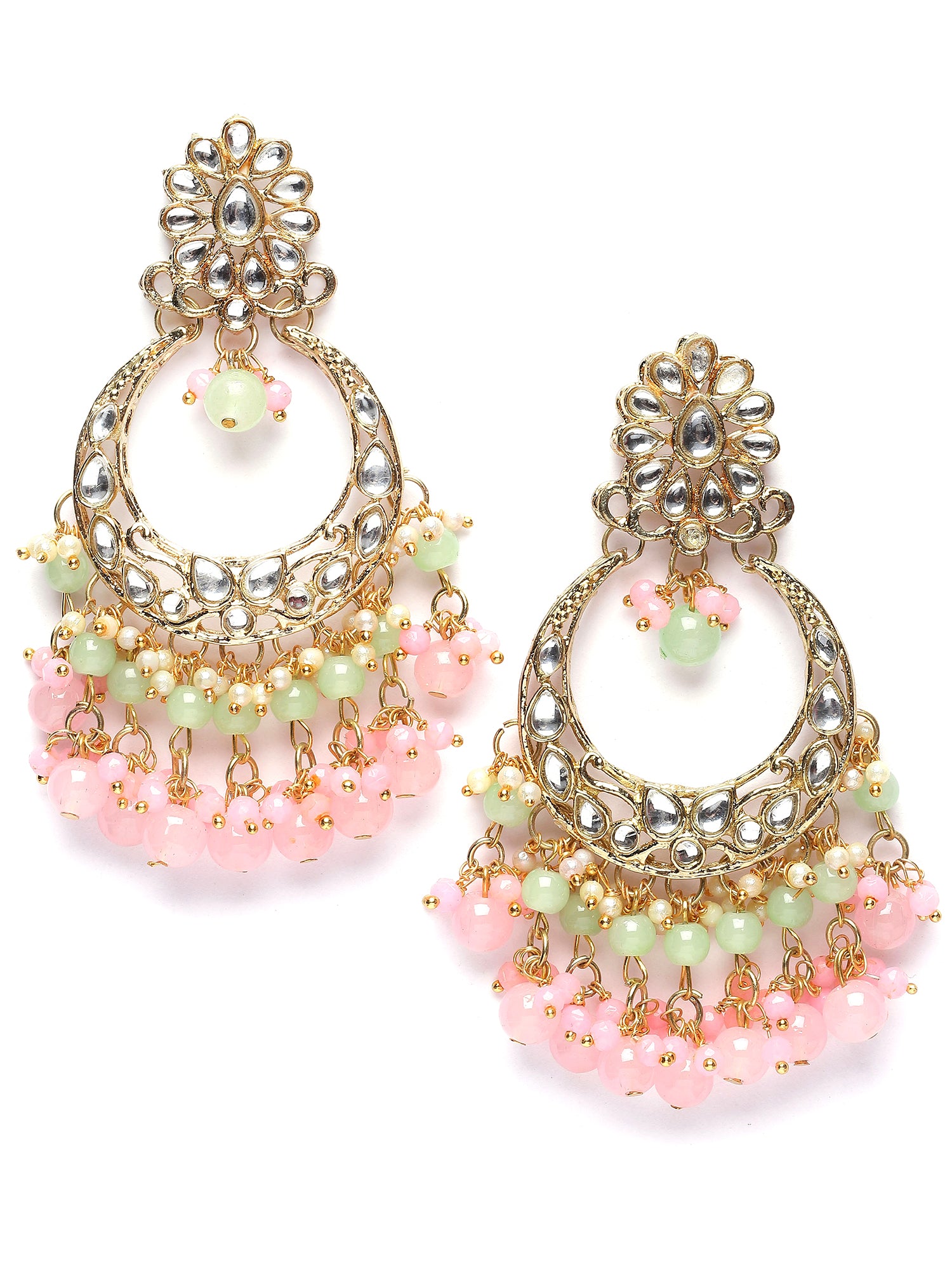 Karatcart Gold Plated Pink and Light Green Kundan Drop Earrings for Women - view 4