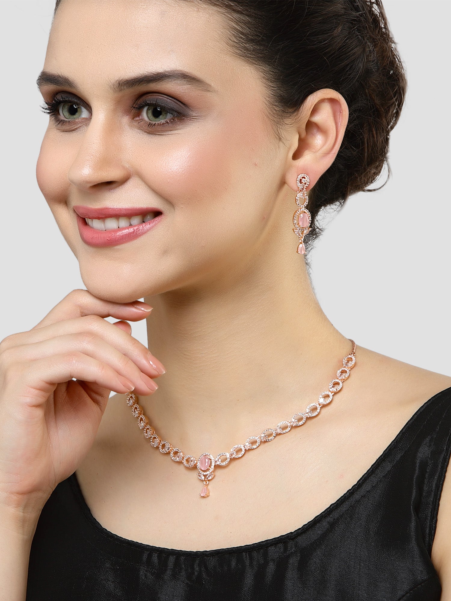 Karatcart Rose Gold Plated Pink Cubic Zirconia Studded Necklace Set for Women - view 2