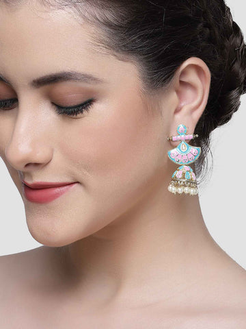 Karatcart Gold Plated Pink and Light Blue Meena Jhumki Earrings for Women