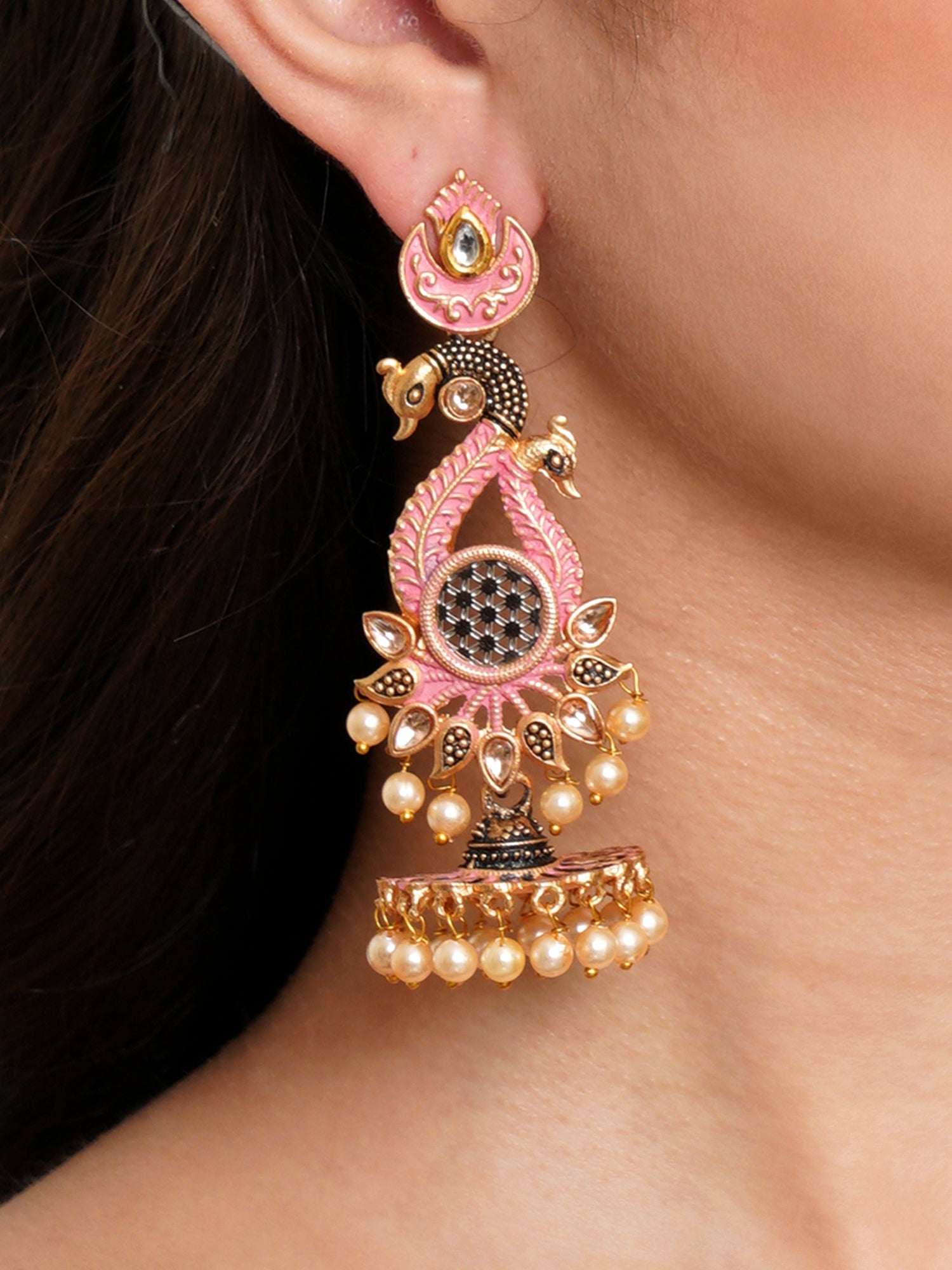 Karatcart Antique Gold Plated Kundan Studded Pink Meena Peacock with Flat Jhumki Dangler Earrings - Image 1