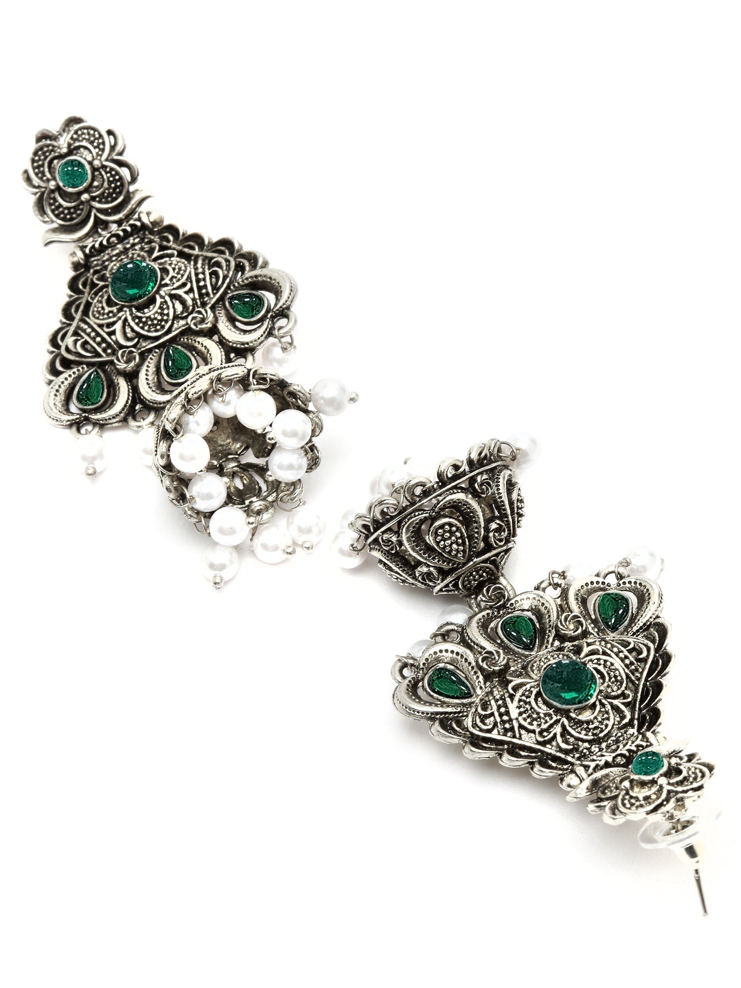 Karatcart Oxidised Silver Green Stone Studded Dangler Jhumki Earrings for Women - view 5