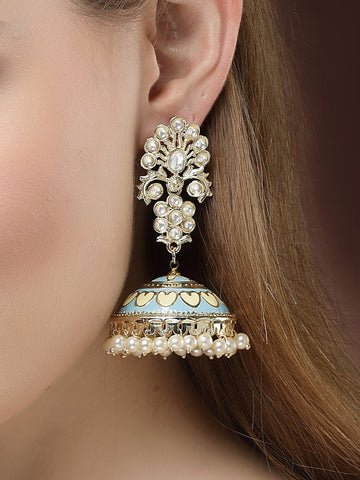 Karatcart Gold Plated Light Blue Meena Kundan Flat Jhumki Earrings for Women