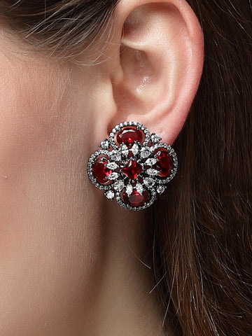 Karatcart Floral Design Red Cubic Zirconia Studded Black Silver Plated Stud Earrings for Women