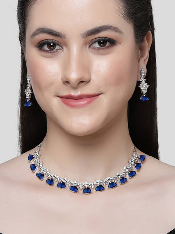 Karatcart Silver Tone Blue Triangular Shape Cubic Zirconia Necklace Set for Women