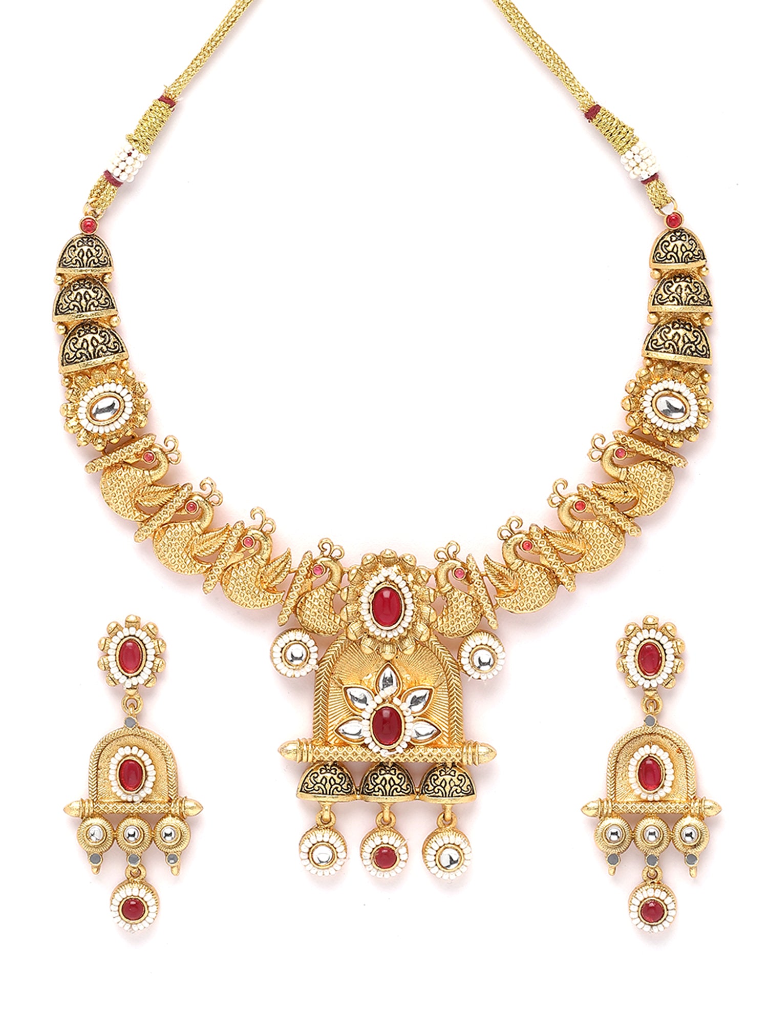 Karatcart Gold Plated Red Stone Peacock Design Temple Jewellery Set for Women - view 4