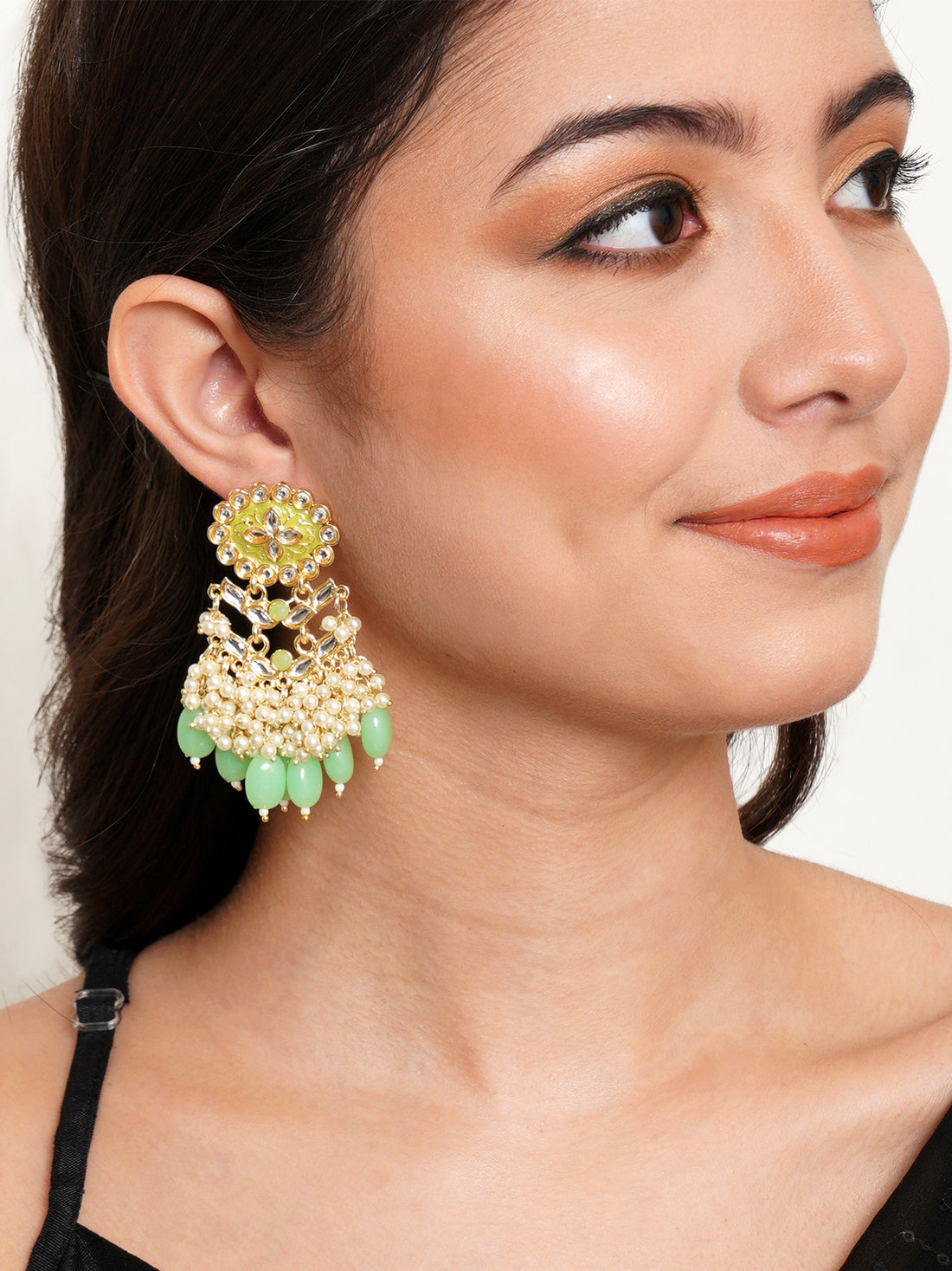 Karatcart Gold Plated Kundan Studded Light Green Meena and Tumble Dangler Earrings for Women