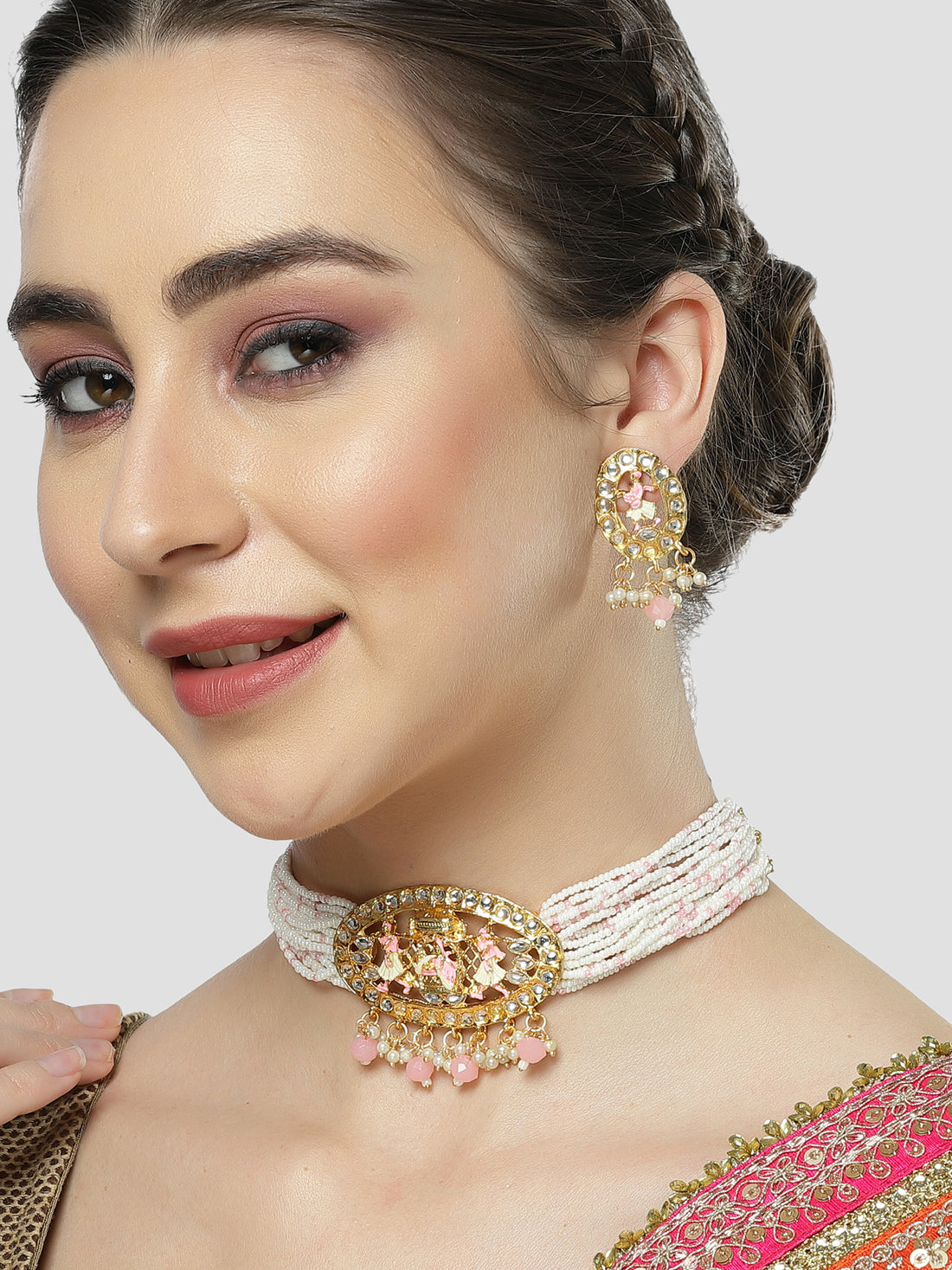 Karatcart Gold Plated Light Pink Dulhan Doli Design Choker Necklace Set for Women