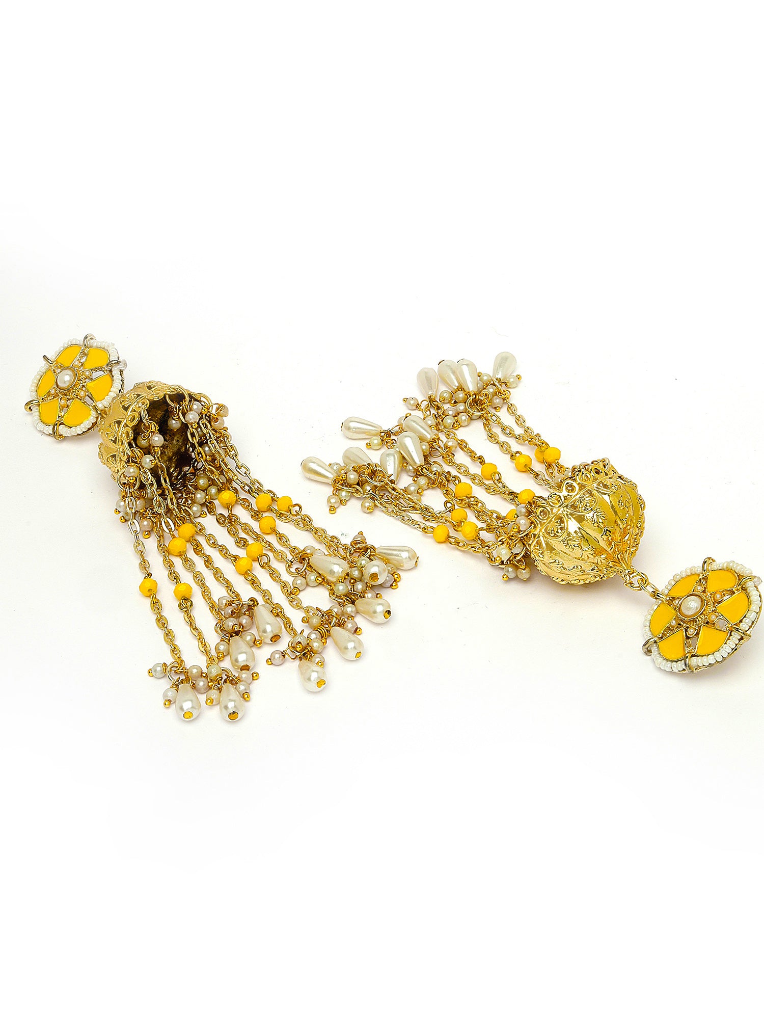 Karatcart Yellow Meena Gold Plated Kundan Pearl Tassel Chain Jhumki Earrings for Women - view 5
