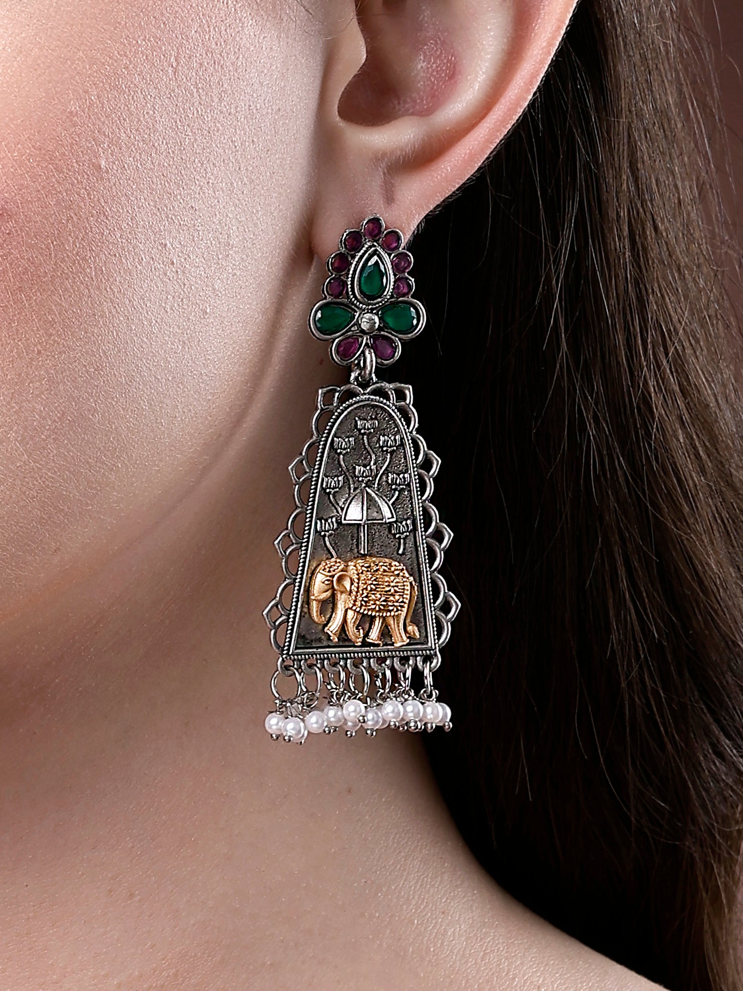 Karatcart Oxidised Silver Elephant Design Drop Earrings for Women