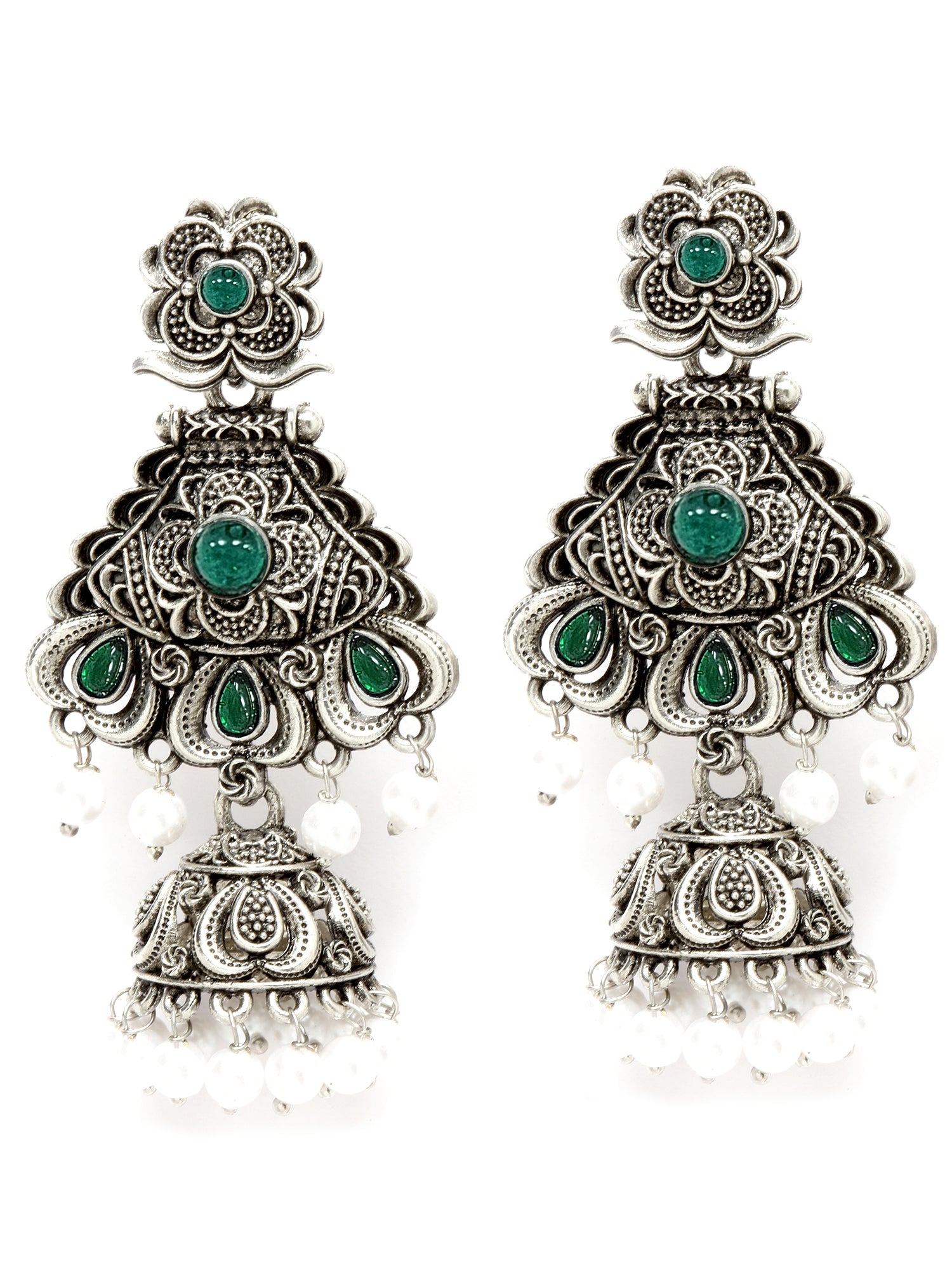Karatcart Oxidised Silver Green Stone Studded Dangler Jhumki Earrings for Women - view 4