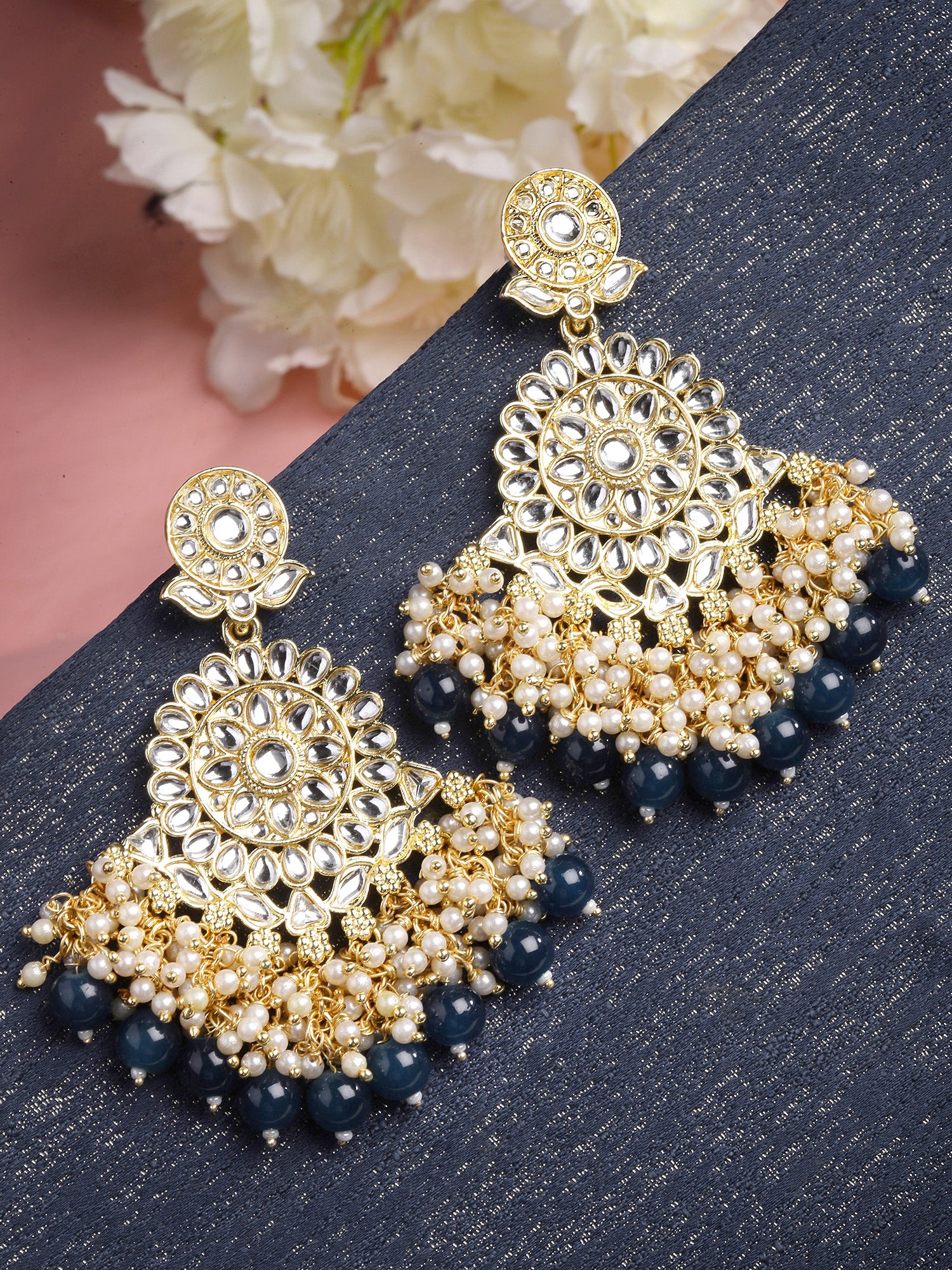 Karatcart Gold Plated Blue Beads and Pearl Studded Kundan Dangler Earrings for Women - view 3
