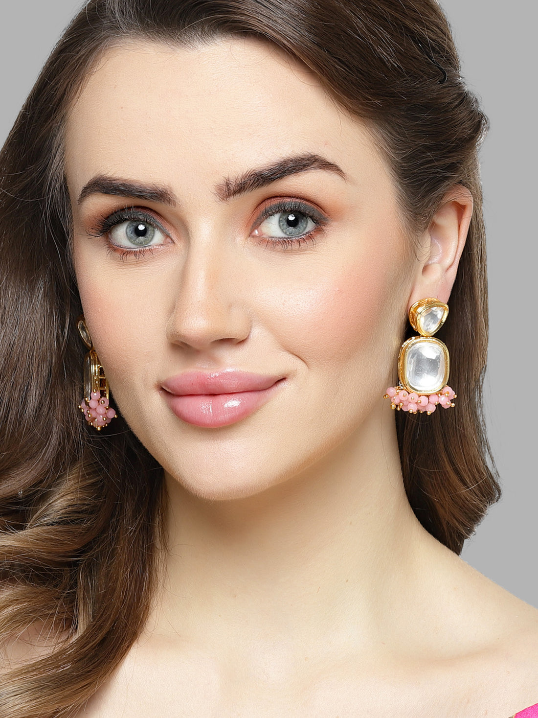 Karatcart Gold Plated Pink Crystal Polki Kundan Drop Earrings for Women