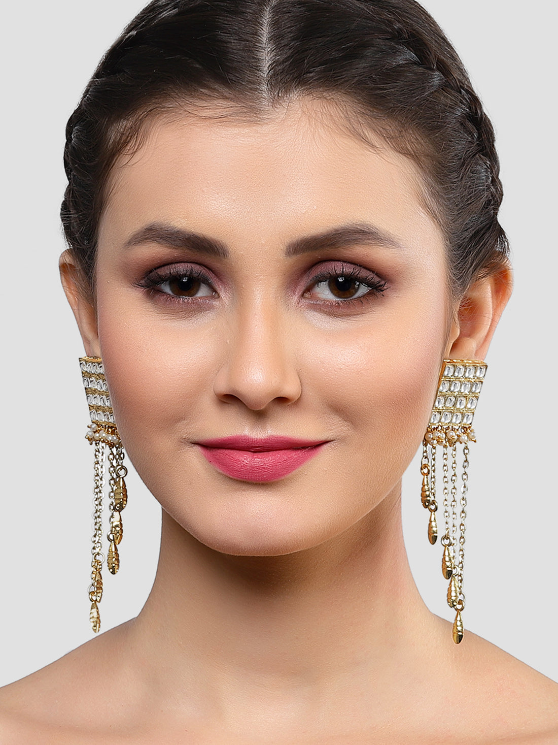 Karatcart Gold Plated Square Shape Pearl Studded Kundan Tassel Earrings for Women