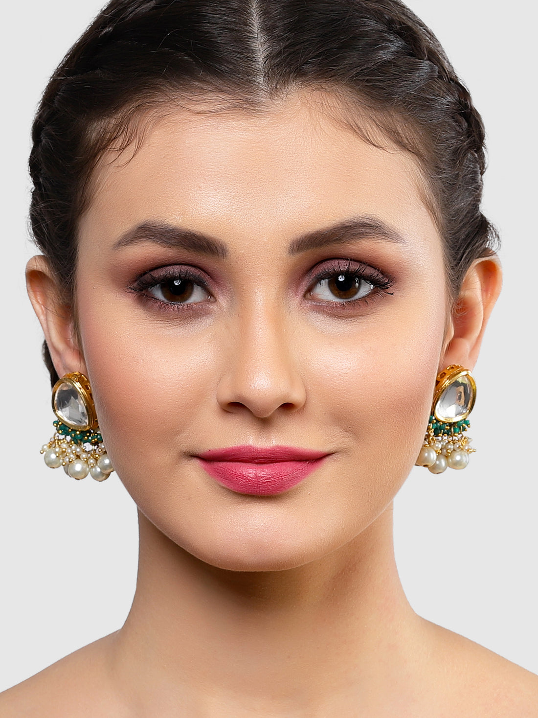 Karatcart Gold Plated Green Crystal and Pearl Studded Polki Kundan Stud Earrings for Women