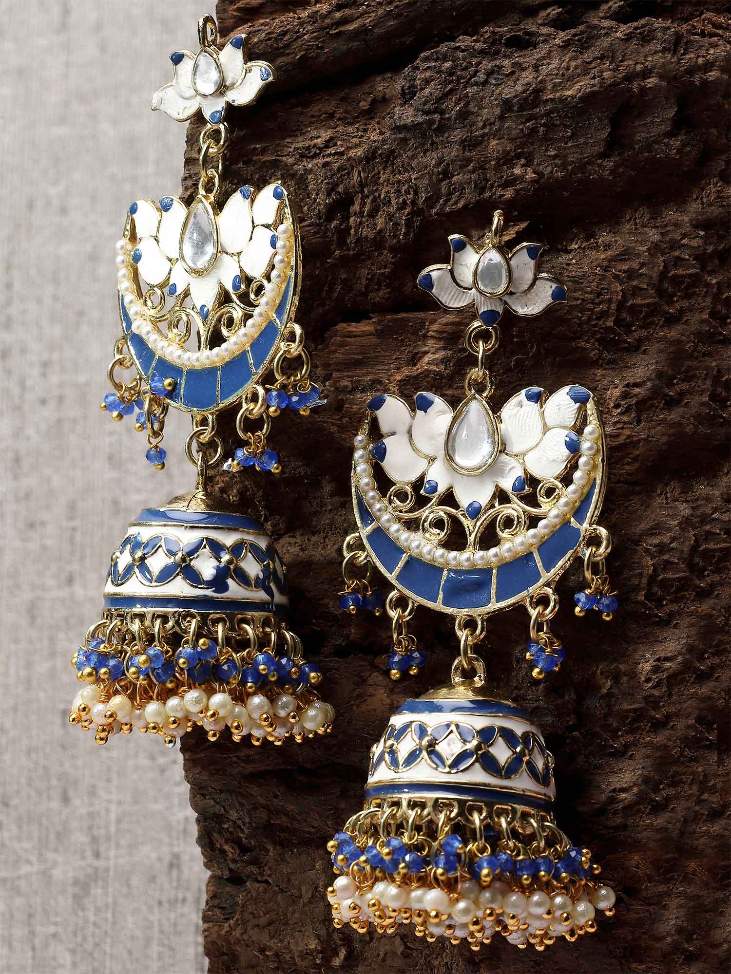 Karatcart Gold Plated Blue and White Meena Kundan Jhumki Earrings for Women - view 3