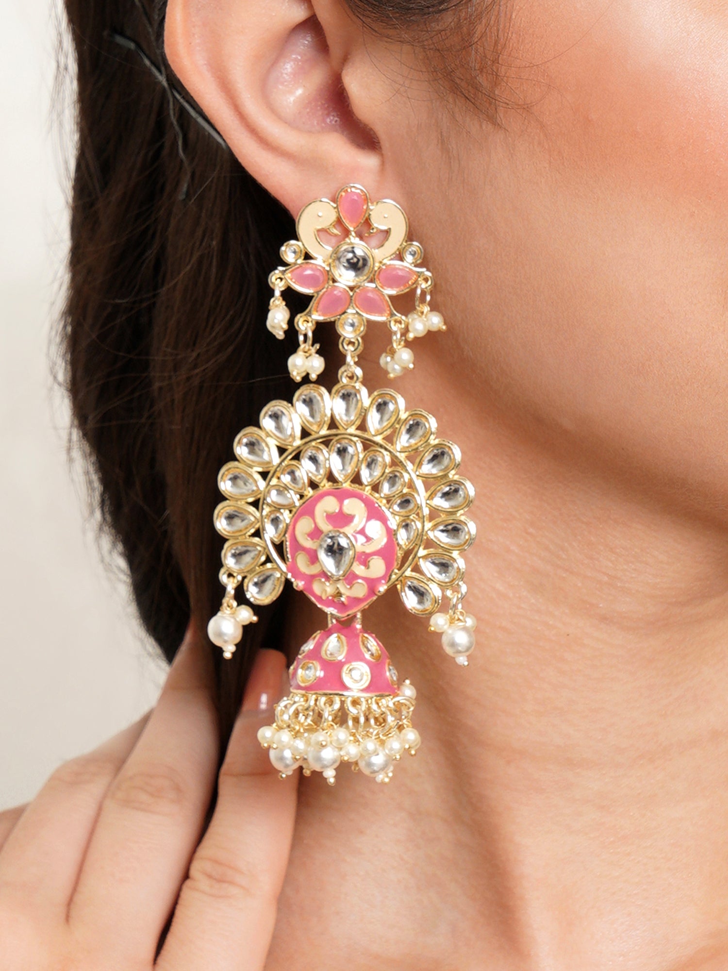Karatcart Gold Plated Pink Meena Kundan Studded Dangler Jhumki Earrings for Women - Image 1