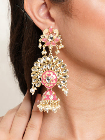 Karatcart Gold Plated Pink Meena Kundan Studded Dangler Jhumki Earrings for Women