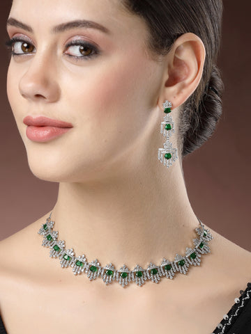 Karatcart Green American Diamond Silver Tone Necklace for Women