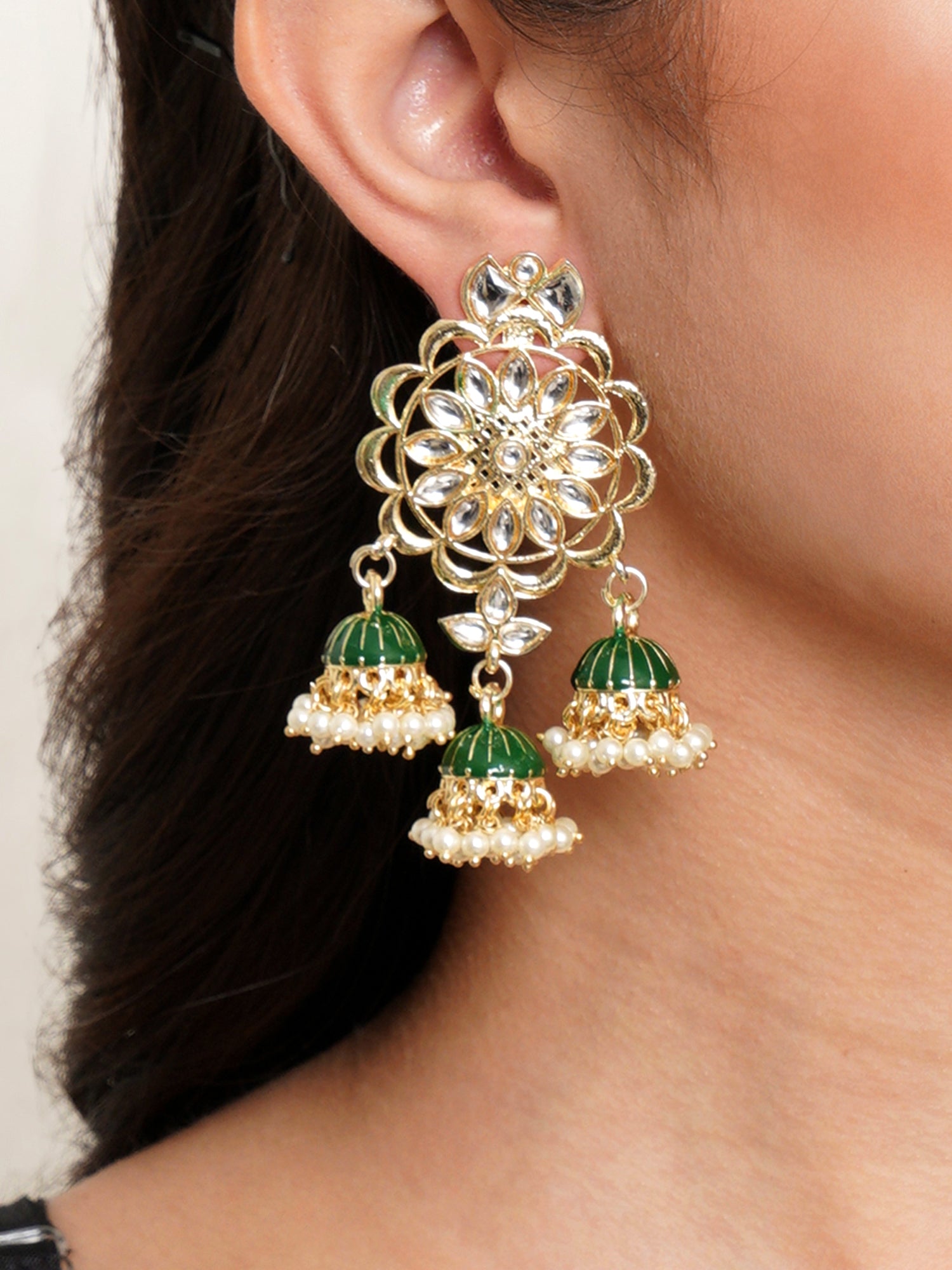 Karatcart Gold Plated Kundan Studded Green Meena Triple Jhumki Earrings for Women - Image 1