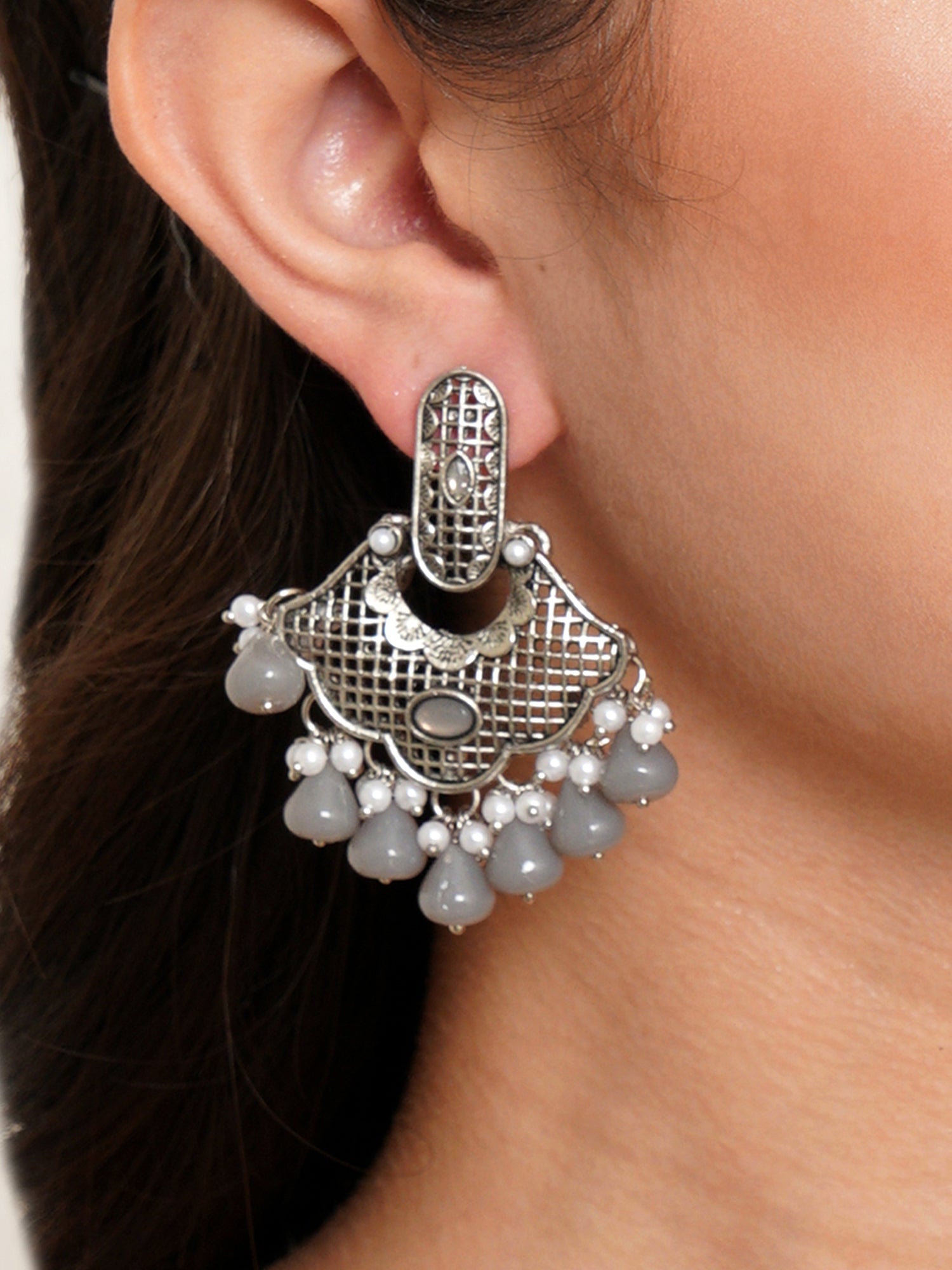 Karatcart Oxidised Silver Grey Monalisa Stone and Pearl Studded Dangler Earrings for Women - Image 1