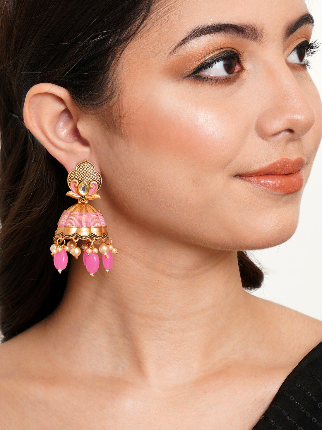 Karatcart Gold Plated Pink Tumble and Golden Pearl Studded Jhumki Earrings for Women