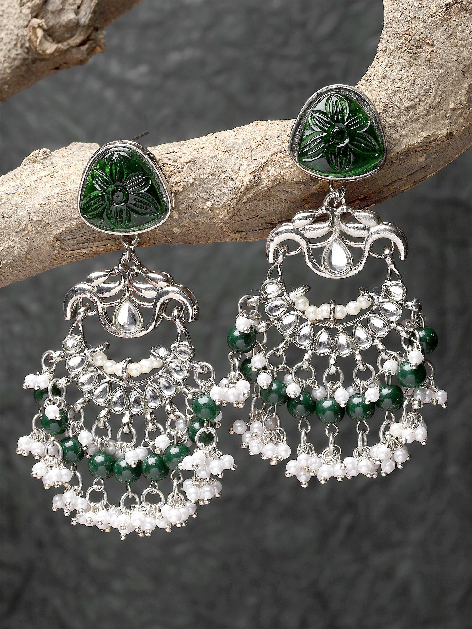 Karatcart Oxidised Silver Plated Green Carved Stone Studded Dangler Earrings for Women - view 3