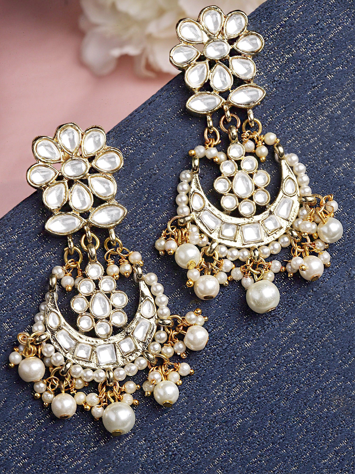 Karatcart Gold Plated Pearl and Floral Kundan Studded Dangler Earrings for Women - view 3