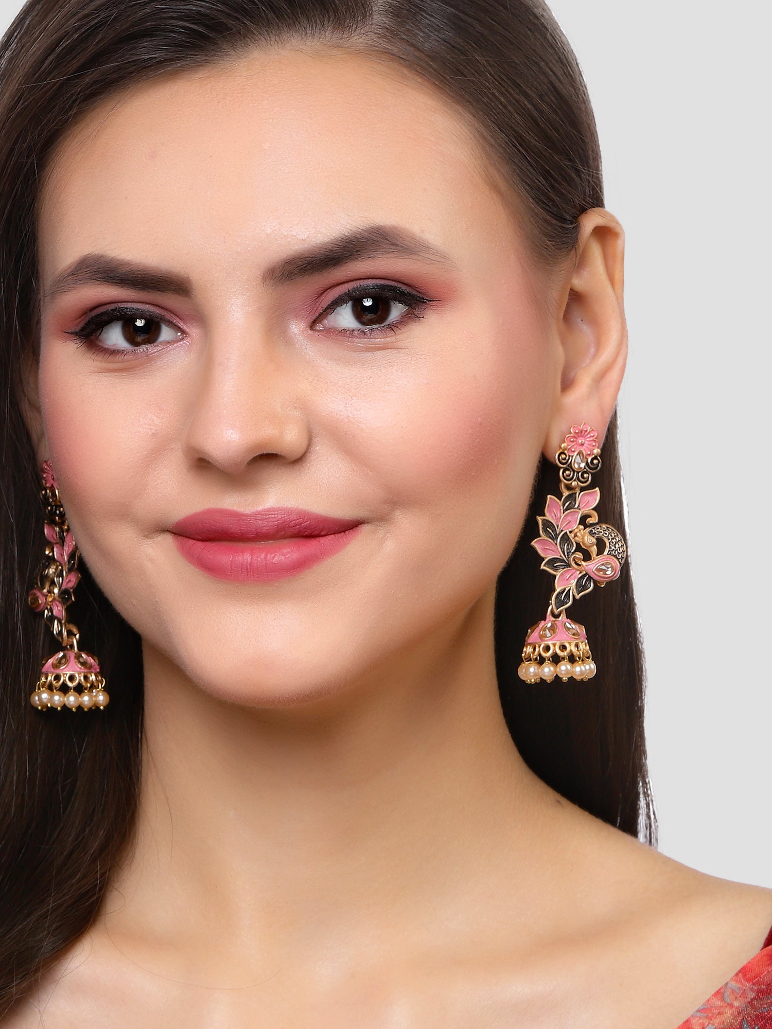 Karatcart Gold Plated Peacock Shape Pink Kundan Dangler Jhumki Earrings for Women - view 2