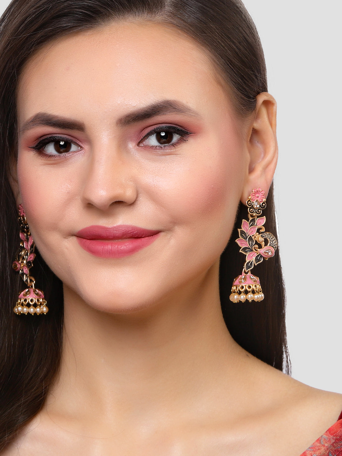 Karatcart Gold Plated Peacock Shape Pink Kundan Dangler Jhumki Earrings for Women