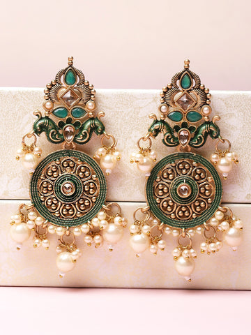 Karatcart Gold Plated Green Meena Kundan Dangler Earrings for Women