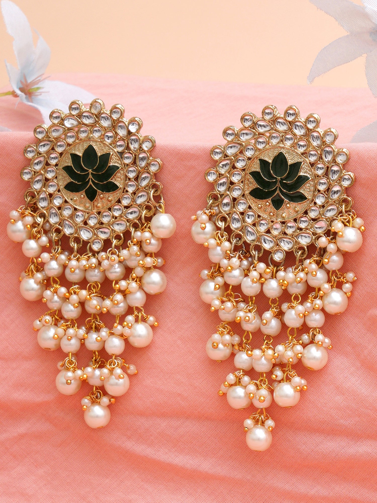 Karatcart Gold Plated Green Meena Pearl Beads Kundan Dangler Earrings for Women - Image 1