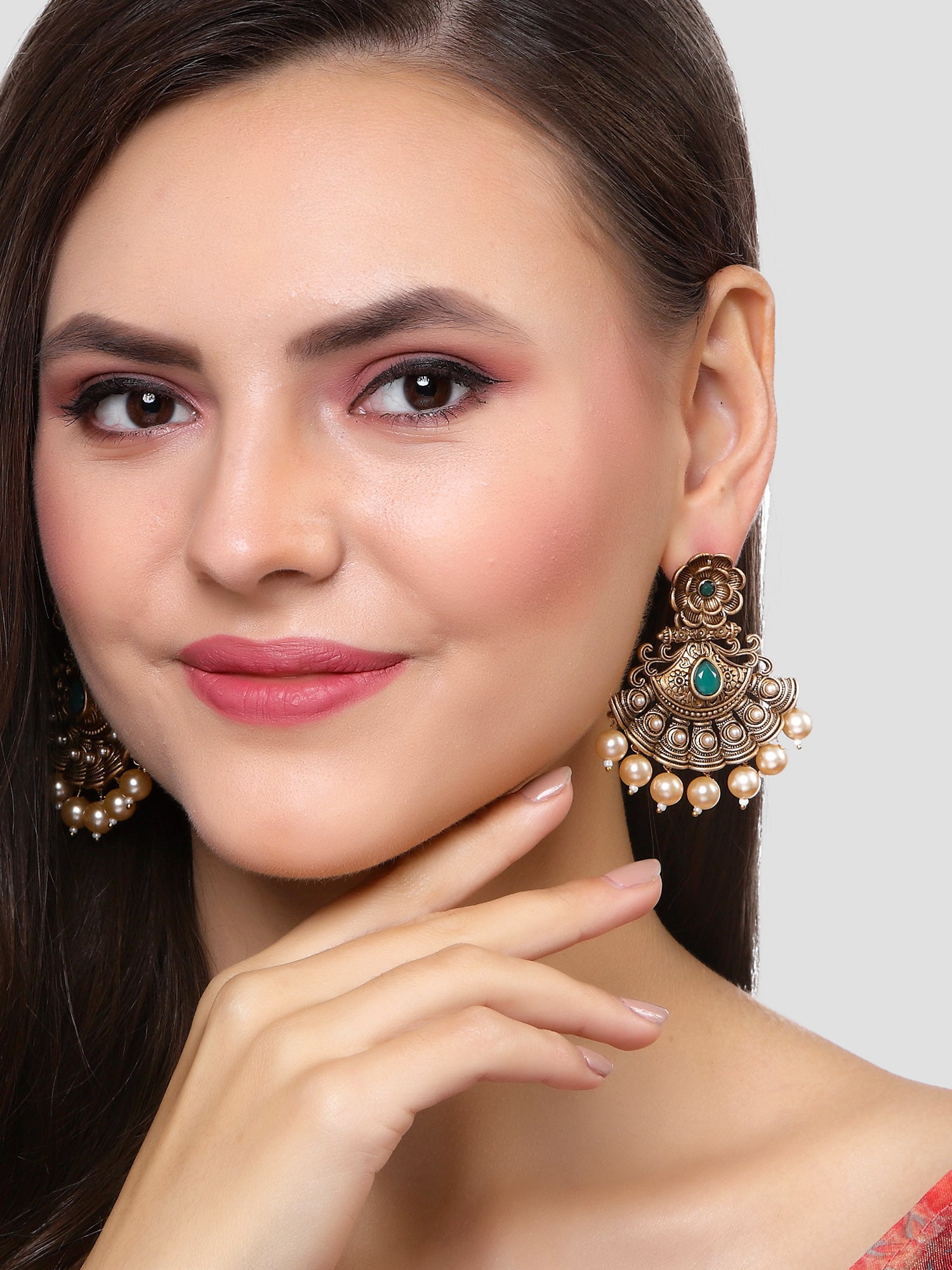 Karatcart Gold Plated Green Stone and Pearl Studded Dangler Earrings for Women - view 2