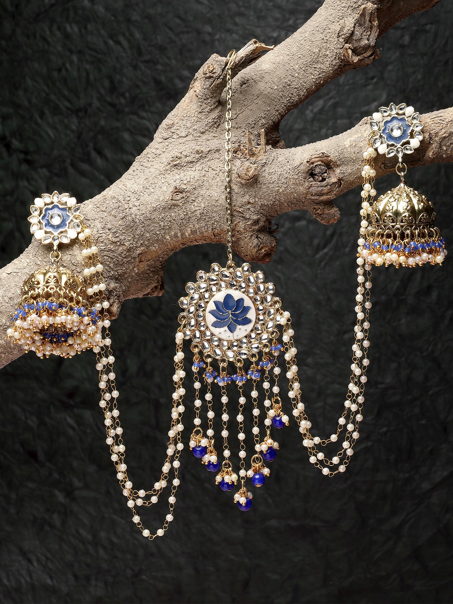 Karatcart Gold Plated Blue Meena Kundan Jhumki Earrings with Juda Pin for Women - view 3