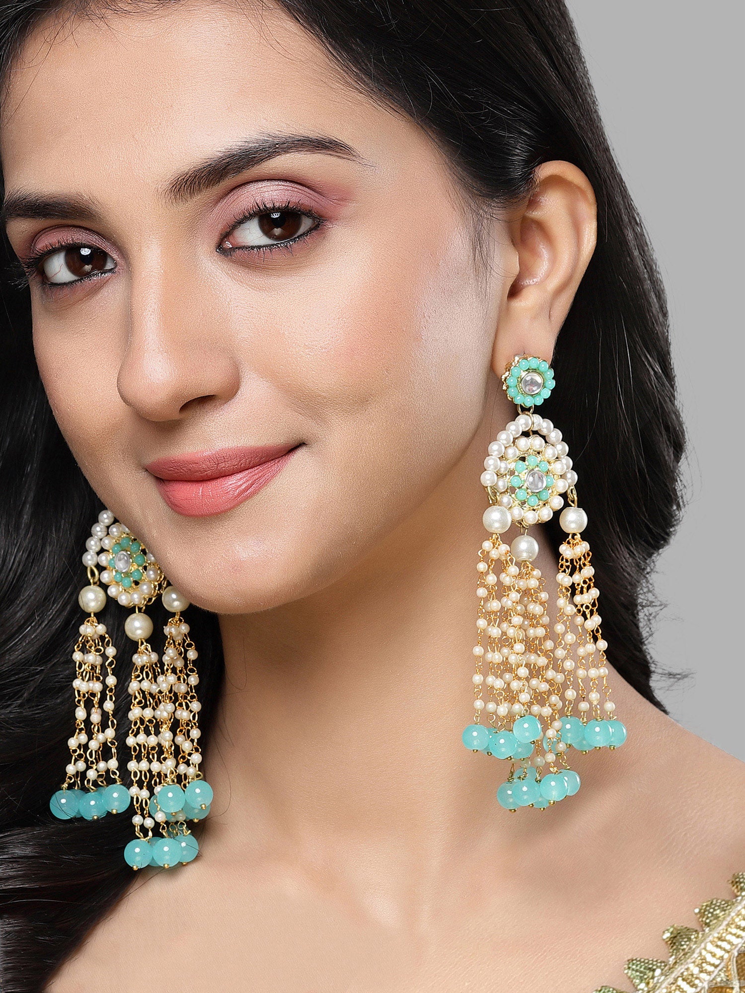 Karatcart Gold Plated Light Blue Beads and Pearl Kundan Drop Earrings for Women - view 2