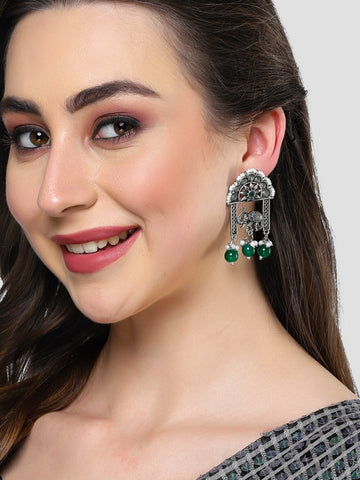 Karatcart Oxidised Silver Green Beads Elephant Design Dangler Earrings for Women